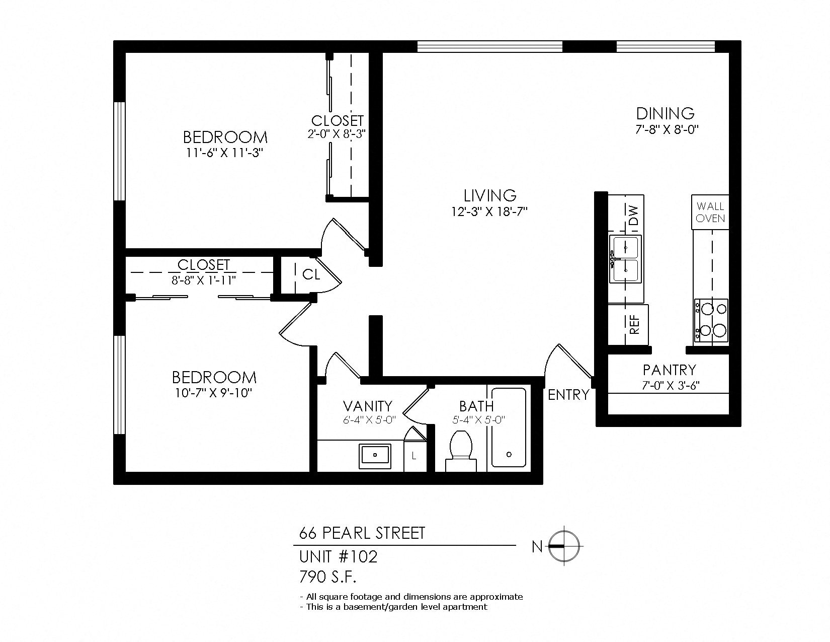 Floor plan for 2 beds, 1 bath, 880 sqft